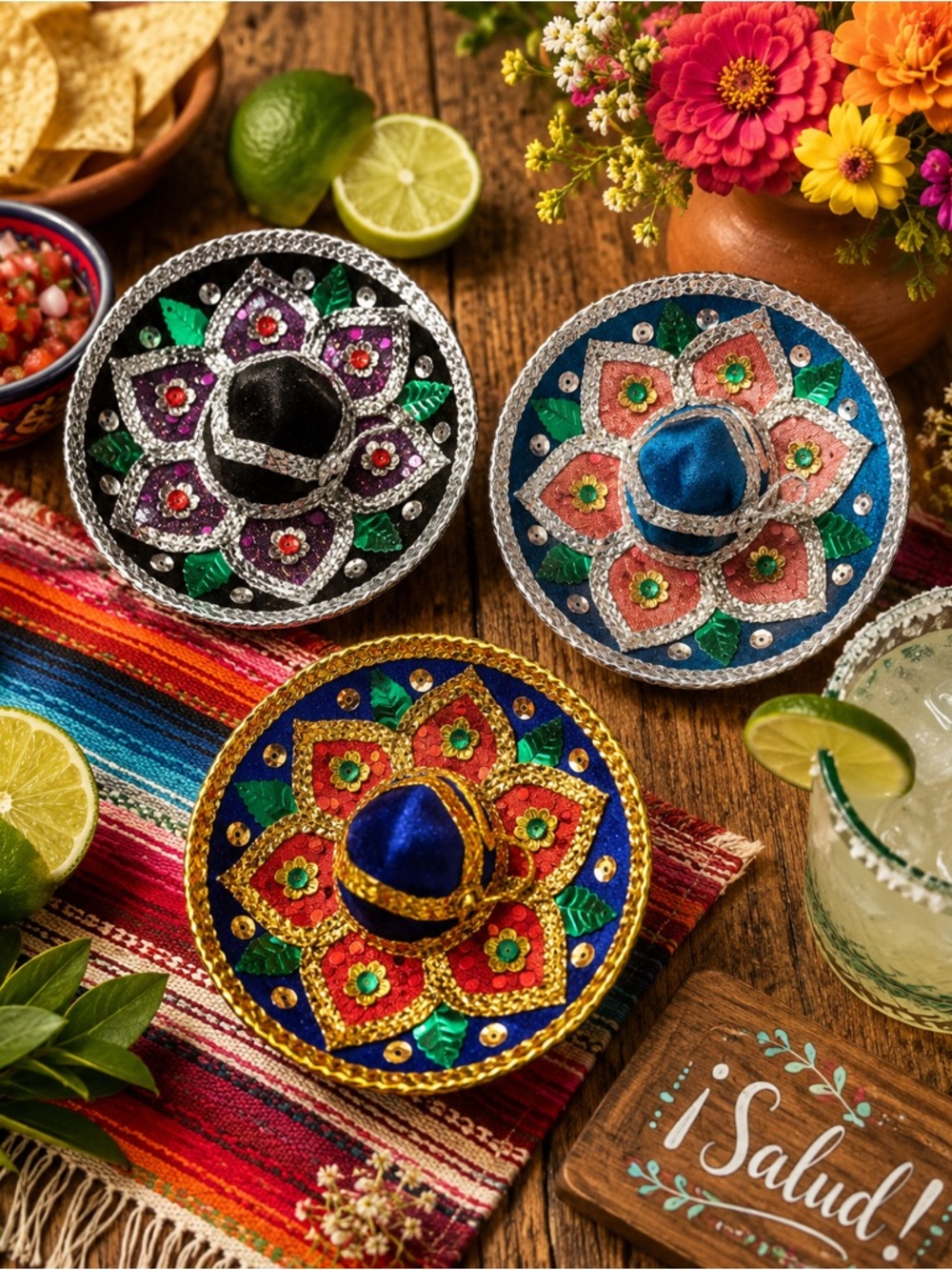 Decorative Mini Sombrero Table Accent - Multicolor Set of 3 Mexican Made Mexico